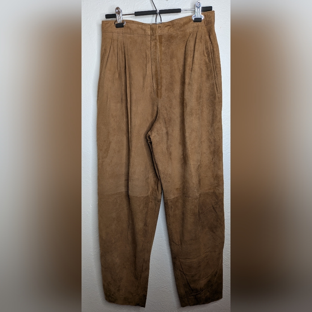 Vtg Lanna Brown 100% Suede Pleated Leather Pants 31x44 High-Rise Straight Leg